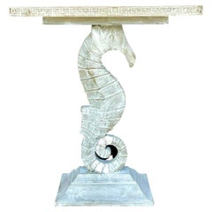 Vintage Coastal Cerused Wood Seahorse Pedestal