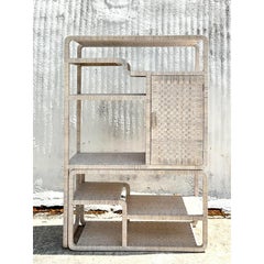 Vintage Coastal Cerused Woven Rattan Etagere After Milo Baughman