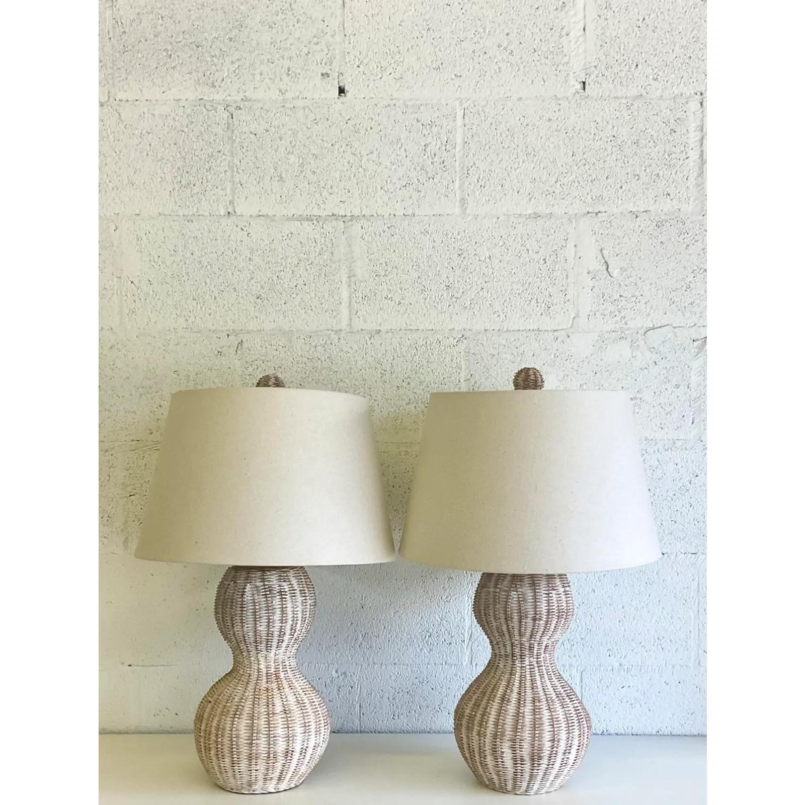North American Vintage Coastal Cerused Woven Rattan Lamps, a Pair