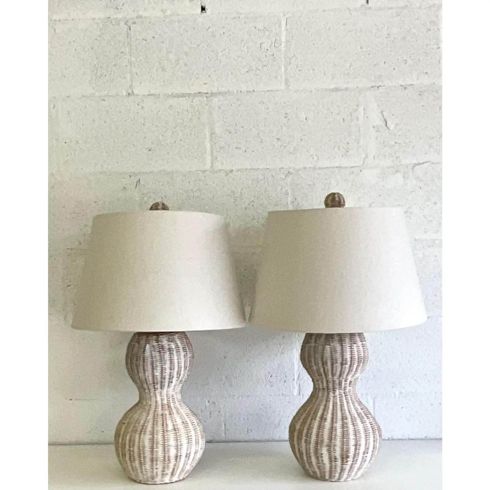 20th Century Vintage Coastal Cerused Woven Rattan Lamps, a Pair