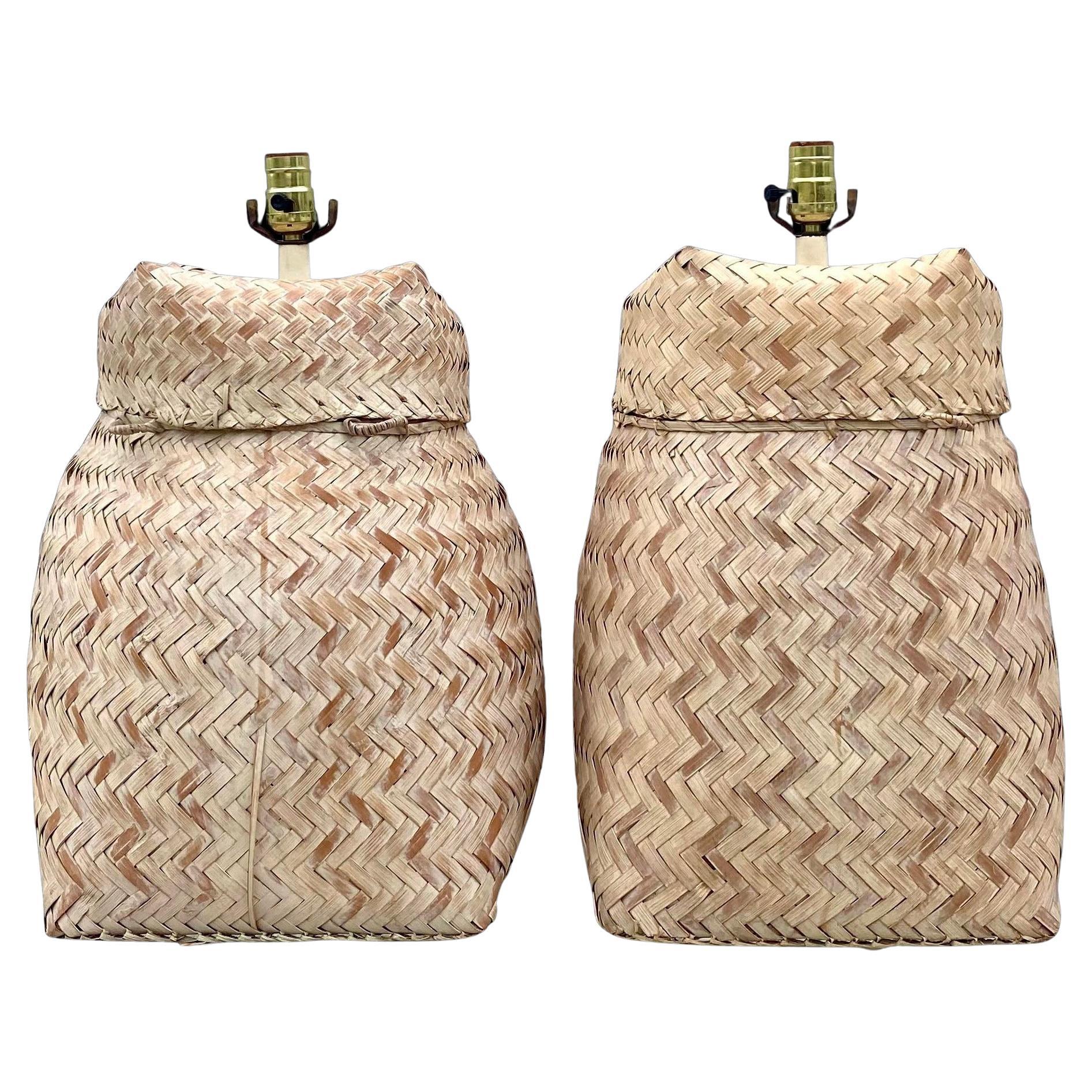 Vintage Coastal Cerused Woven Rattan Table Lamps - a Pair