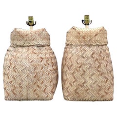 Vintage Coastal Cerused Woven Rattan Tischlampen - ein Paar