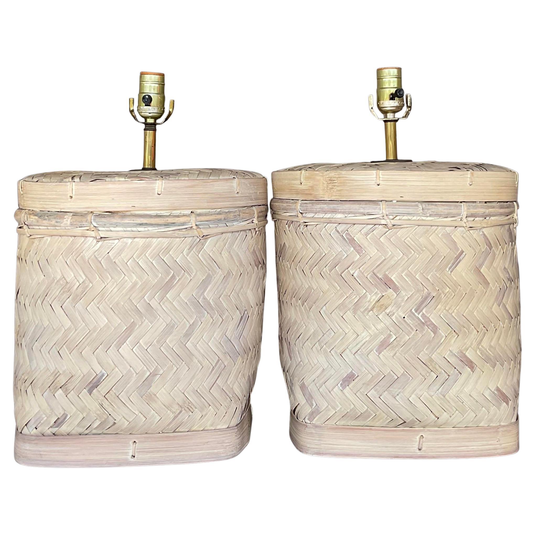 Vintage Coastal Cerused Woven Rattan Table Lamps - a Pair
