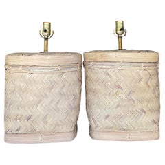 Vintage Coastal Cerused Woven Rattan Table Lamps - a Pair
