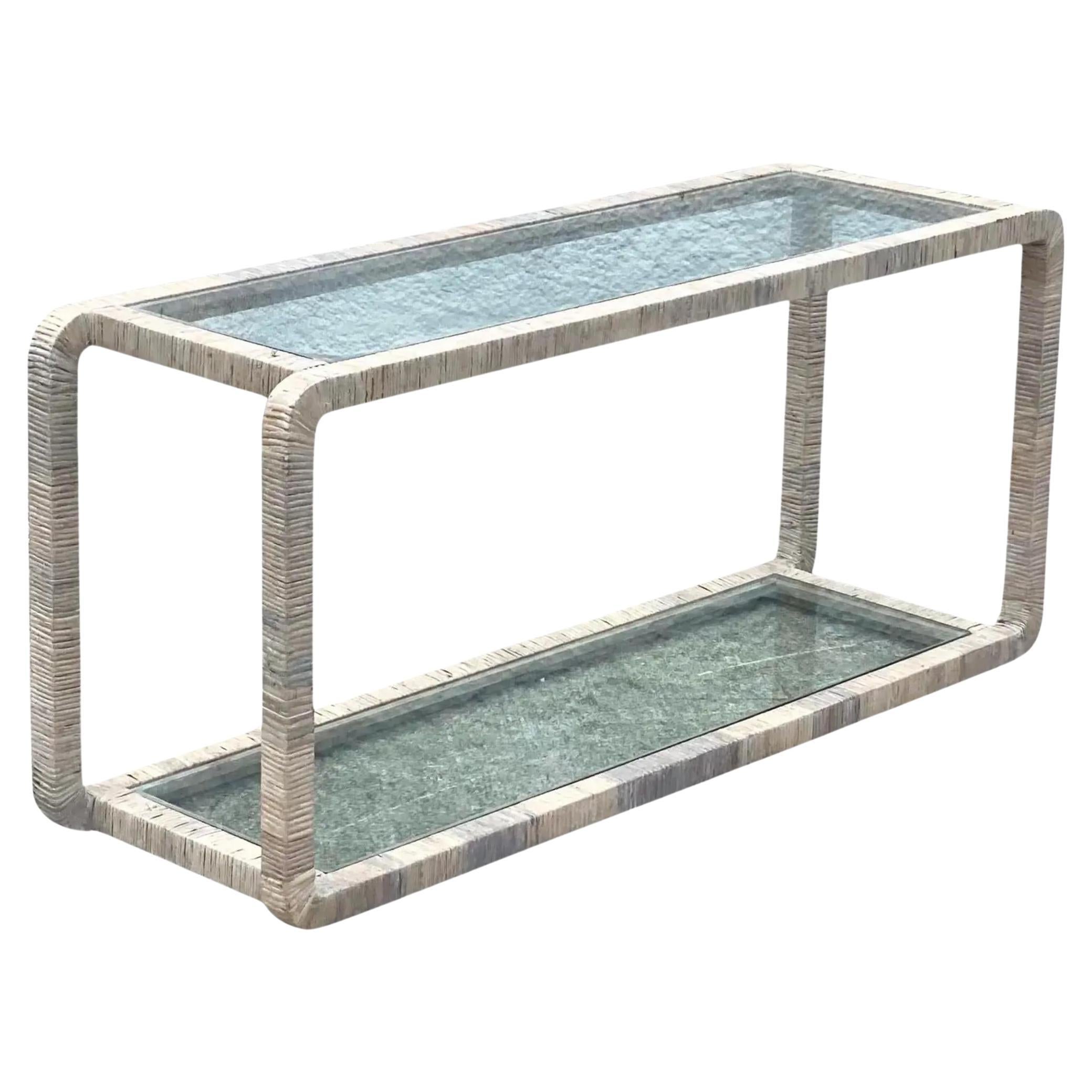 Vintage Coastal Cerused Wrapped Rattan Waterfall Console For Sale
