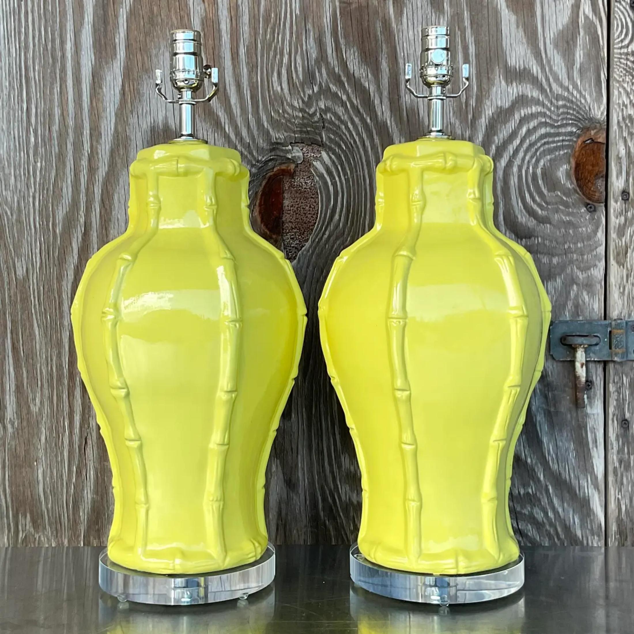 Vintage Coastal Chartreuse Bamboo Lamps - a Pair In Good Condition For Sale In west palm beach, FL