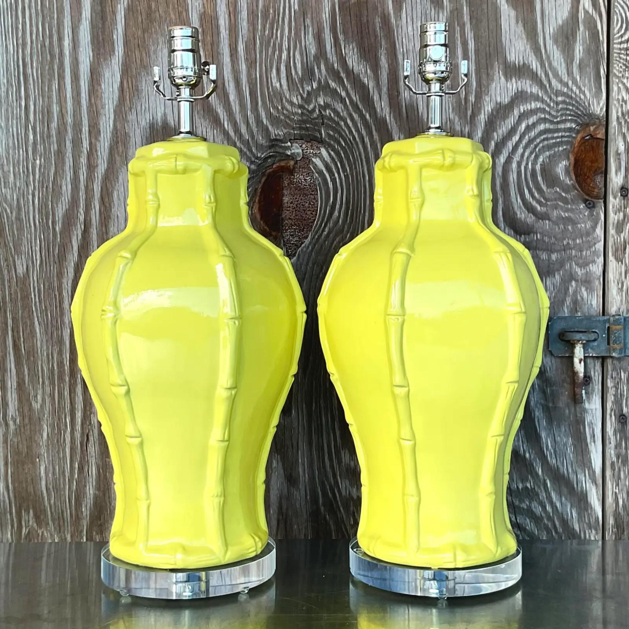 20th Century Vintage Coastal Chartreuse Bamboo Lamps - a Pair For Sale