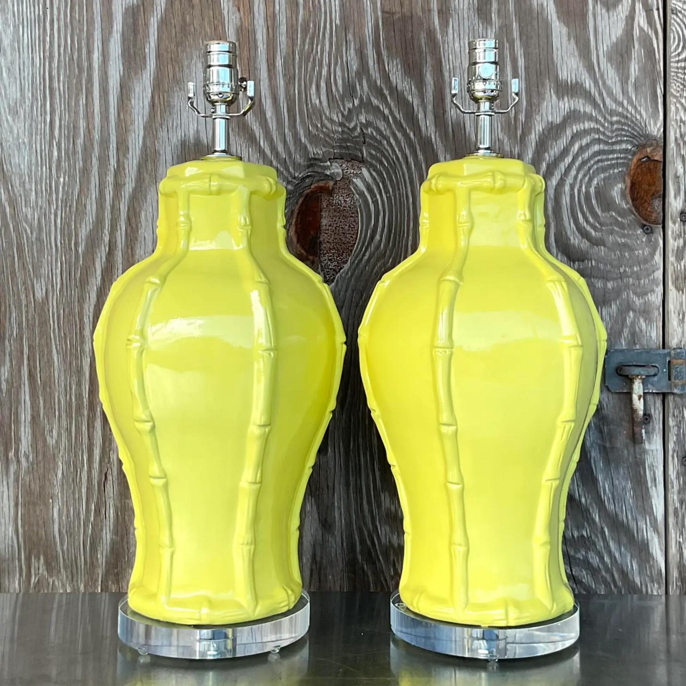 Vintage Coastal Chartreuse Bamboo Lamps - a Pair For Sale 1