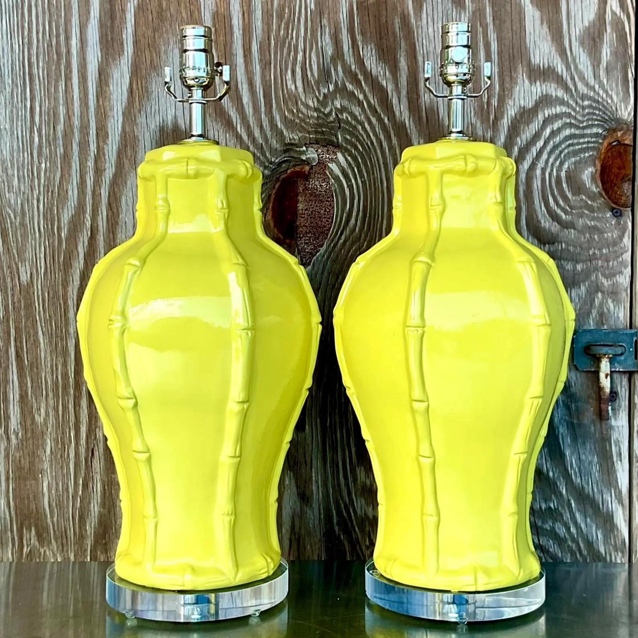 Vintage Coastal Chartreuse Bamboo Lamps - a Pair For Sale 3