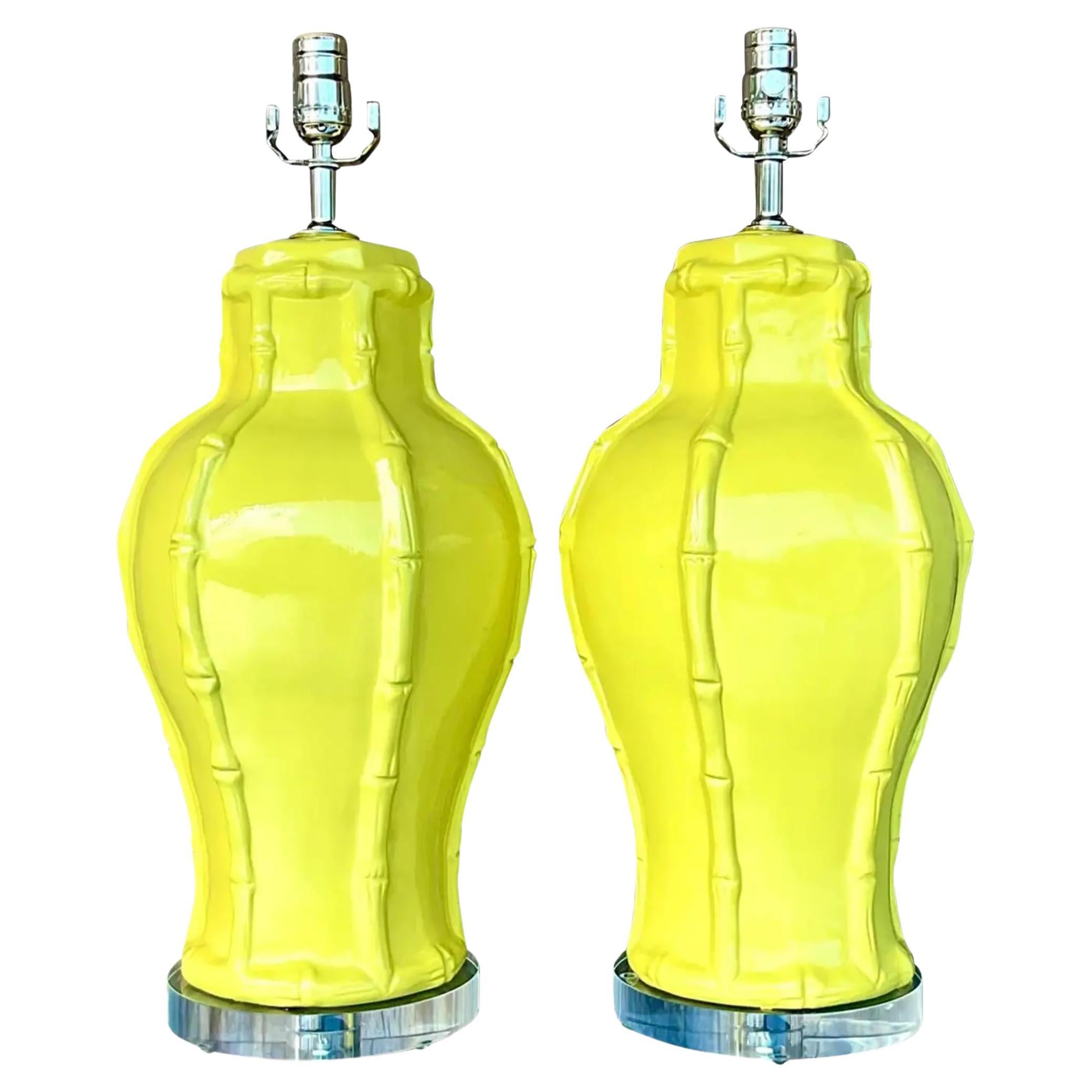 Vintage Coastal Chartreuse Bamboo Lamps - a Pair For Sale