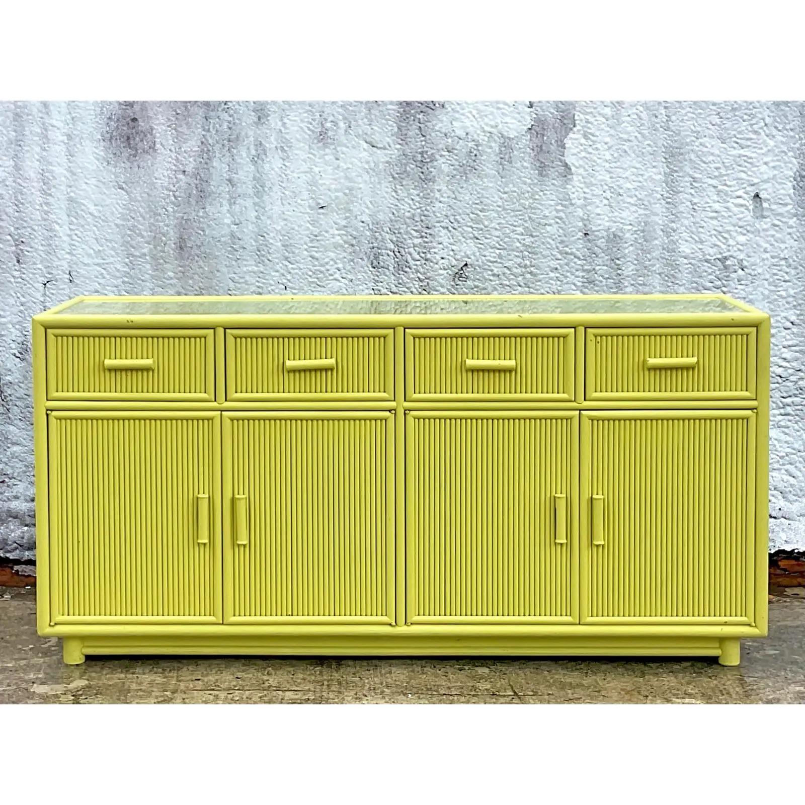 Vintage Coastal Chartreuse Rattan Credenza In Good Condition In west palm beach, FL
