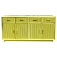 Vintage Coastal Chartreuse Rattan Credenza