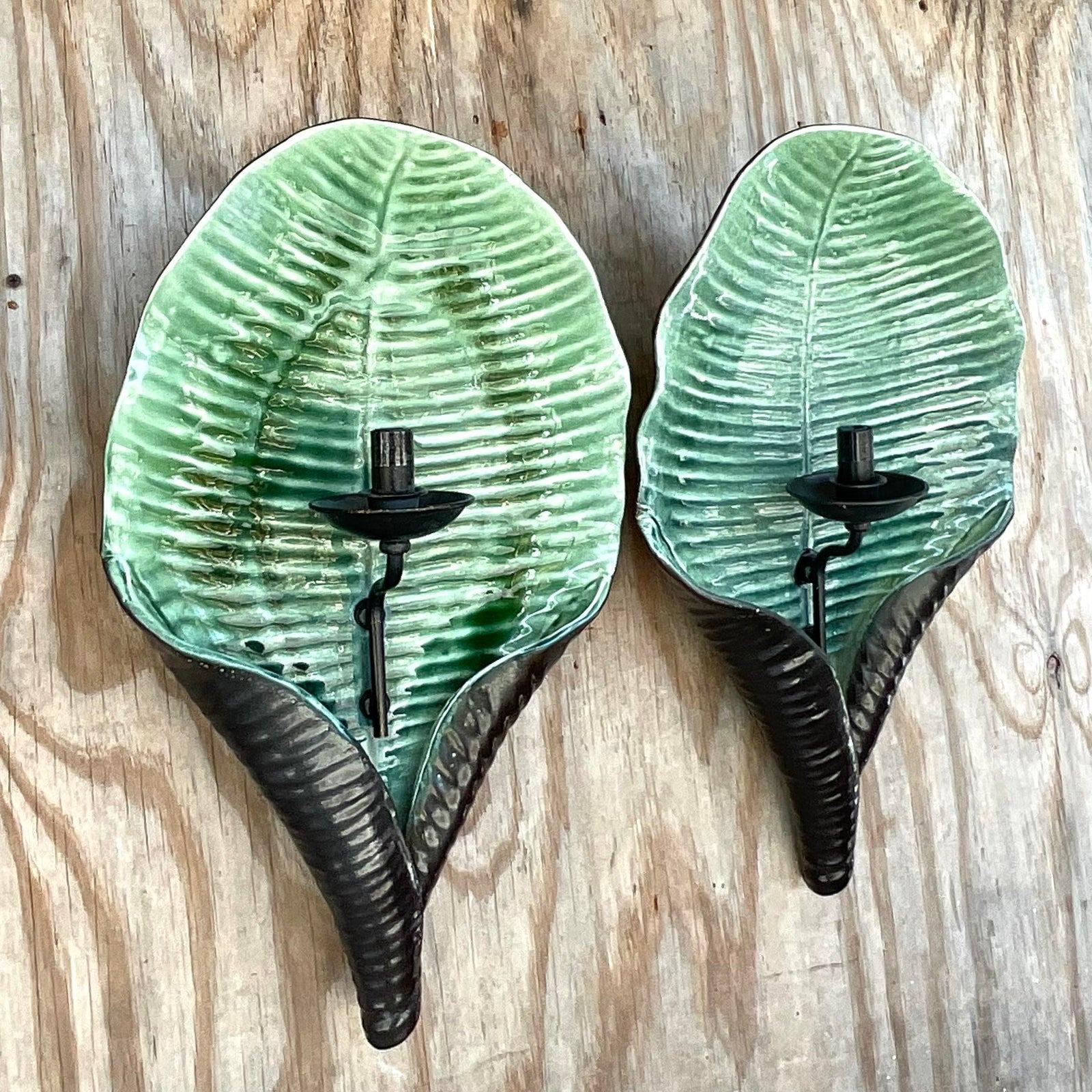 Vintage Coastal Chelsea House Palm Leaf Sconce - a Pair In Good Condition In west palm beach, FL