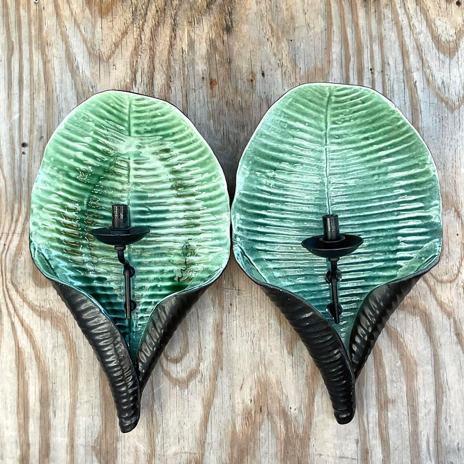 Bronze Vintage Coastal Chelsea House Palm Leaf Sconce - a Pair