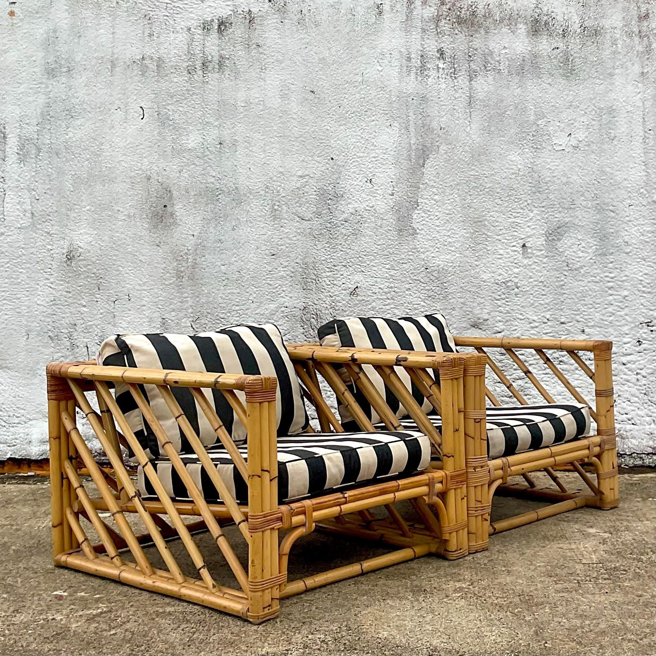 Vintage Coastal Chevron Bamboo Box Lounge Chairs - a Pair For Sale 6