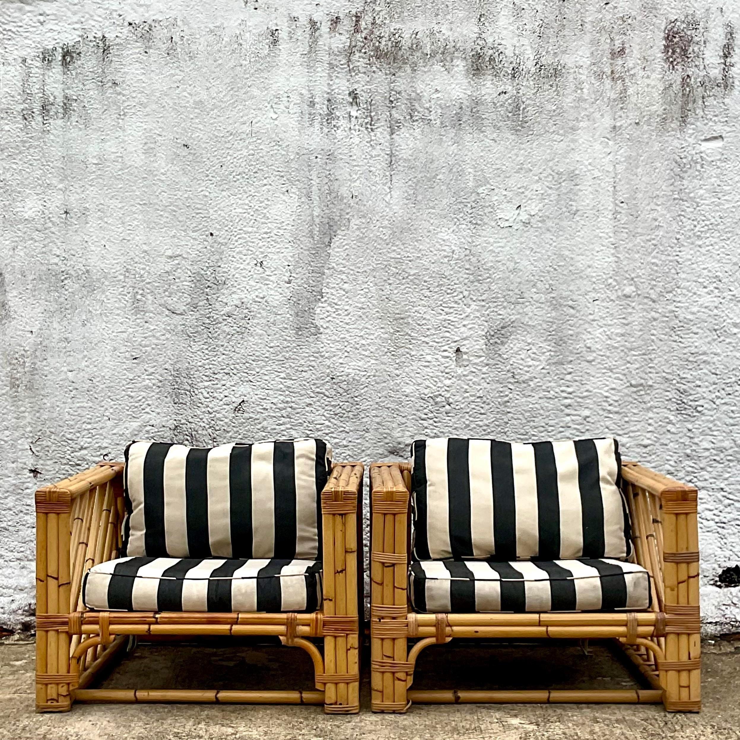 Vintage Coastal Chevron Bamboo Box Lounge Chairs - a Pair For Sale 7