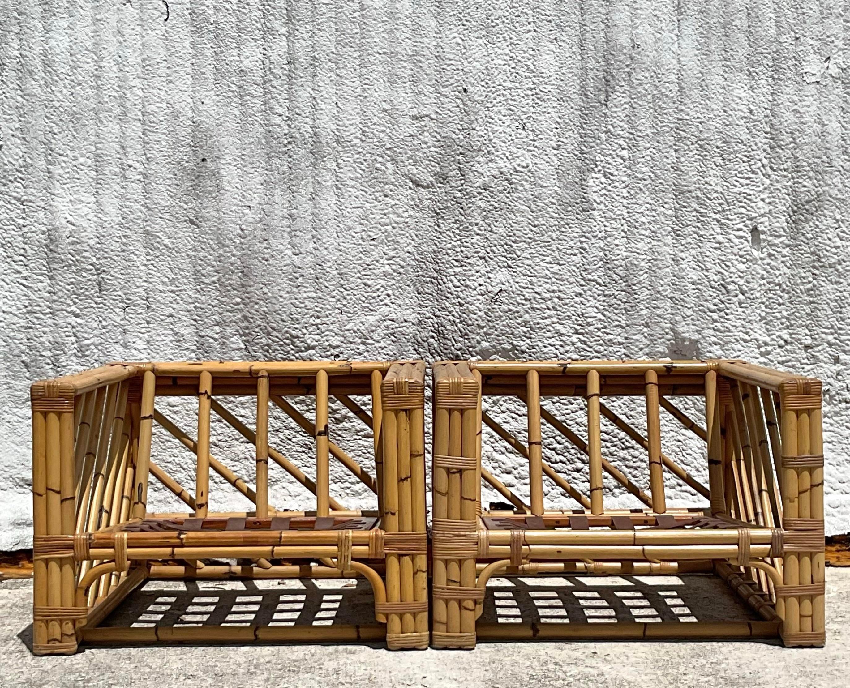 Philippine Vintage Coastal Chevron Bamboo Box Lounge Chairs - a Pair For Sale
