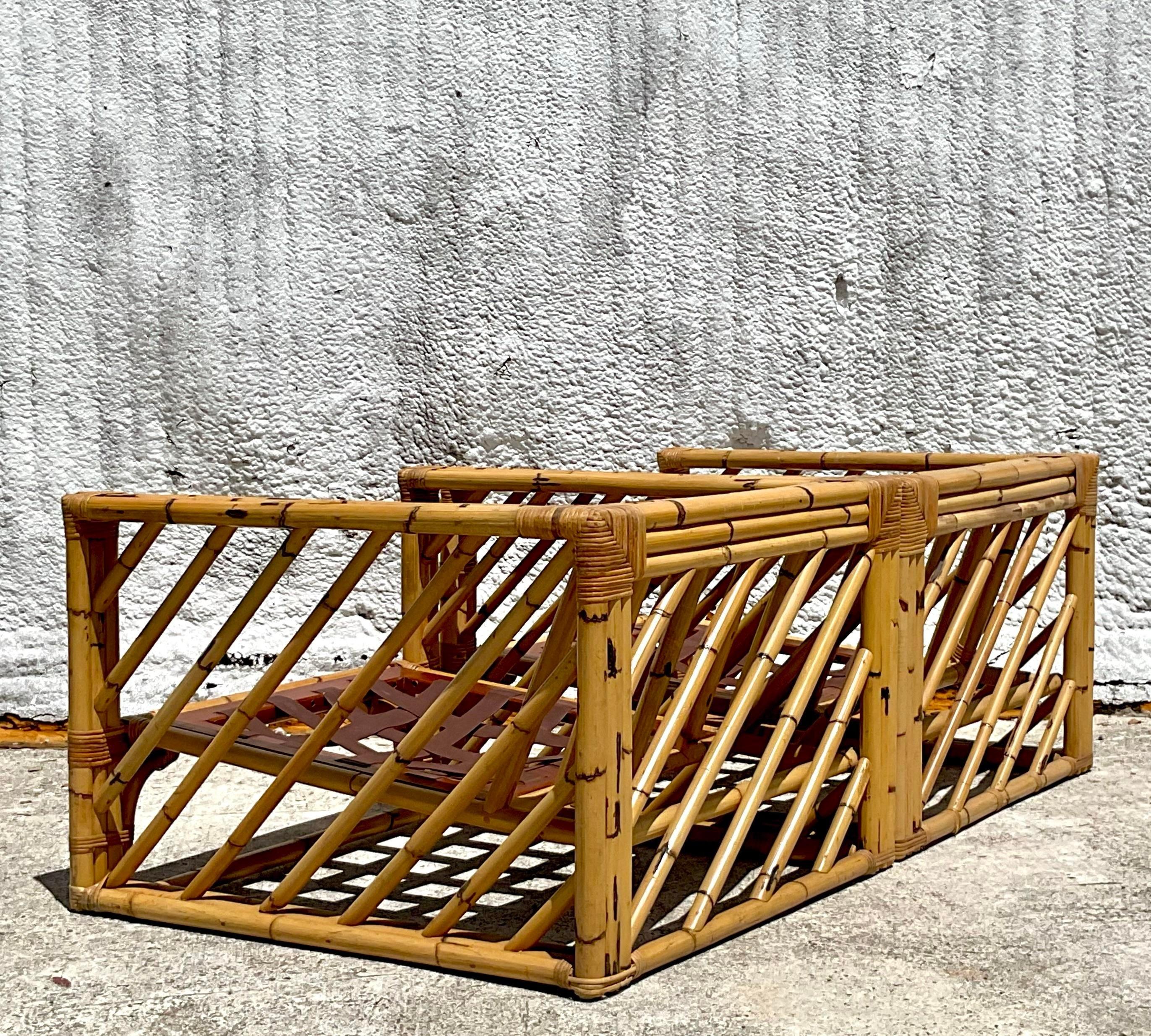 Vintage Coastal Chevron Bamboo Box Lounge Chairs - a Pair In Good Condition For Sale In west palm beach, FL