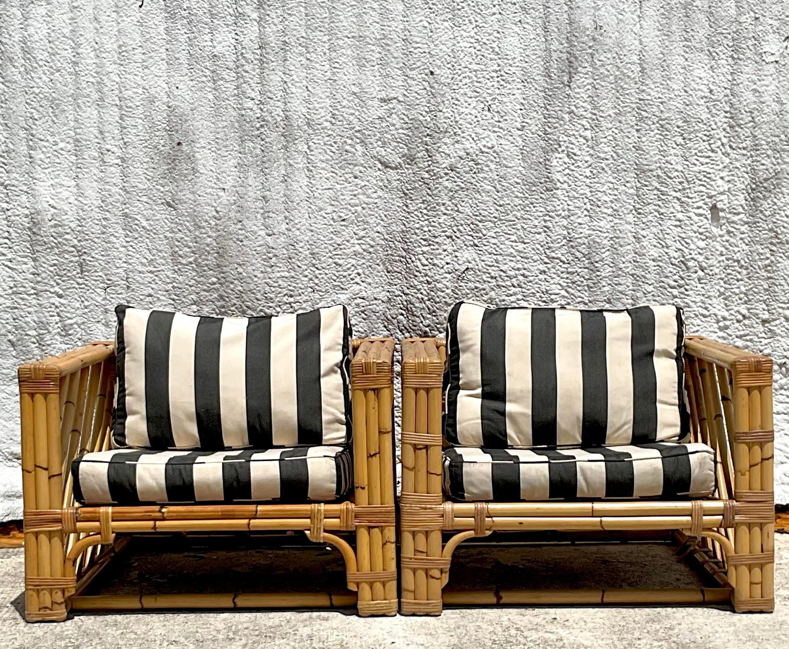 20th Century Vintage Coastal Chevron Bamboo Box Lounge Chairs - a Pair For Sale