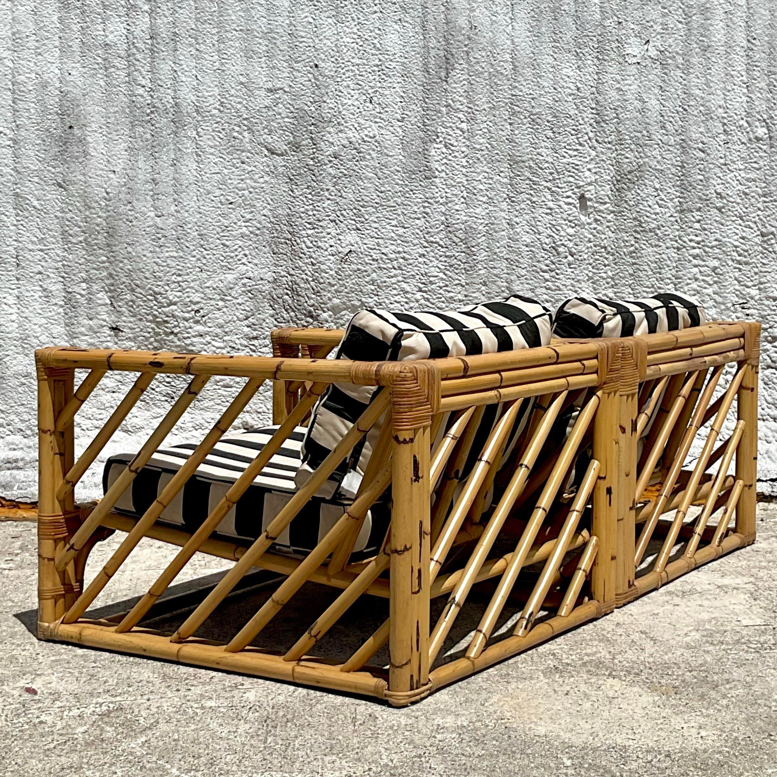 Vintage Coastal Chevron Bamboo Box Lounge Chairs - a Pair For Sale 1