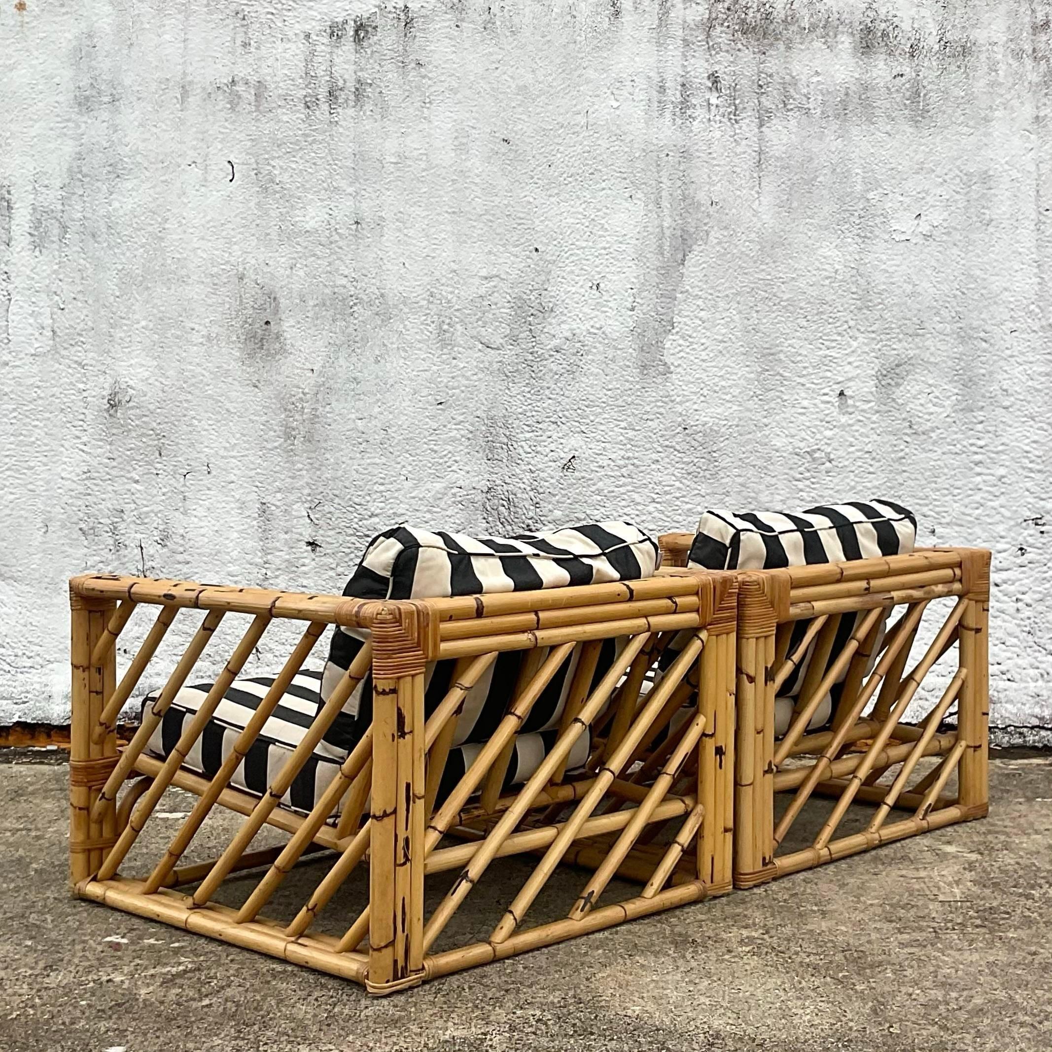 Vintage Coastal Chevron Bamboo Box Lounge Chairs - a Pair For Sale 2