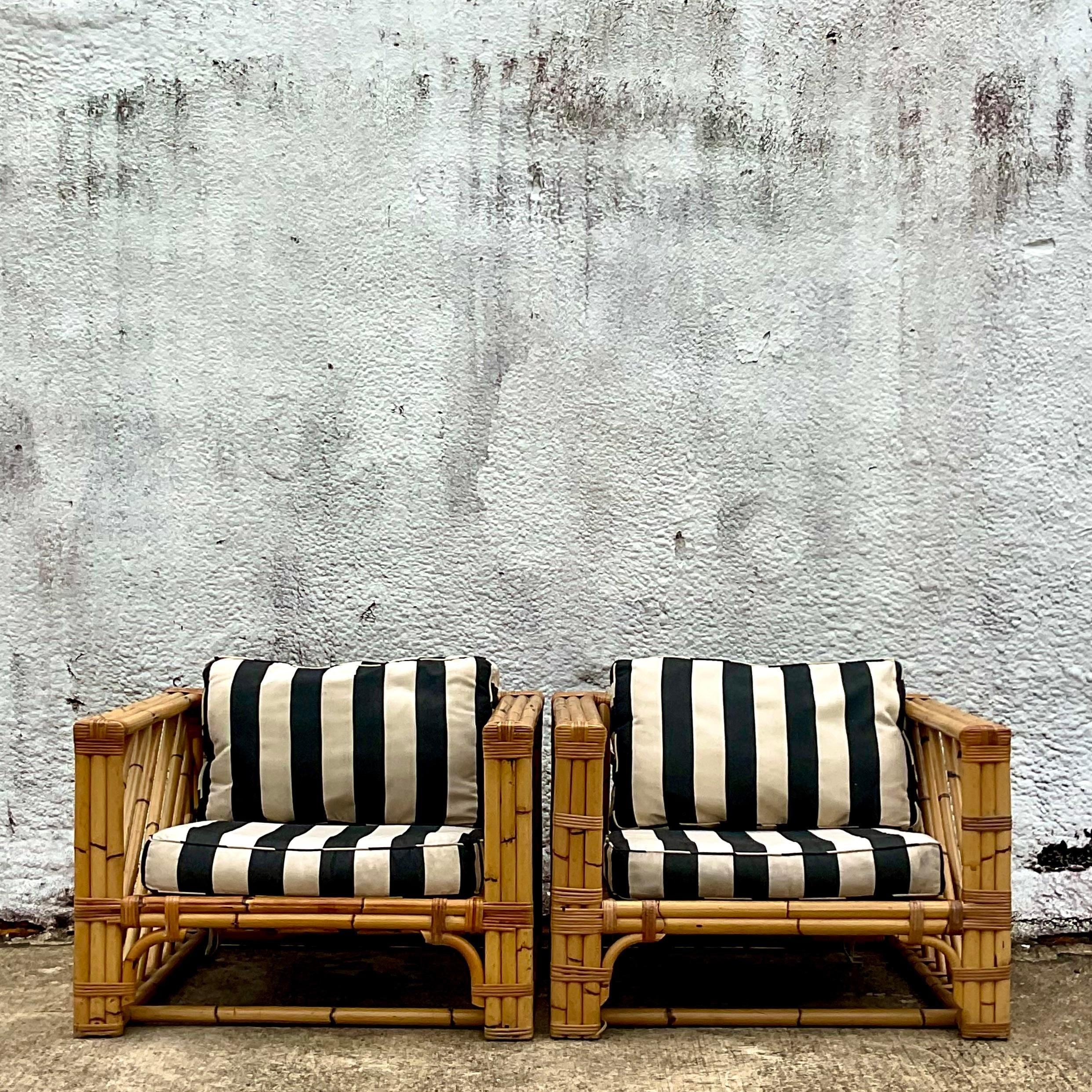 Vintage Coastal Chevron Bamboo Box Lounge Chairs - a Pair For Sale 3