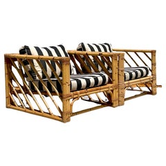 Vintage Coastal Chevron Bamboo Box Lounge Chairs - a Pair