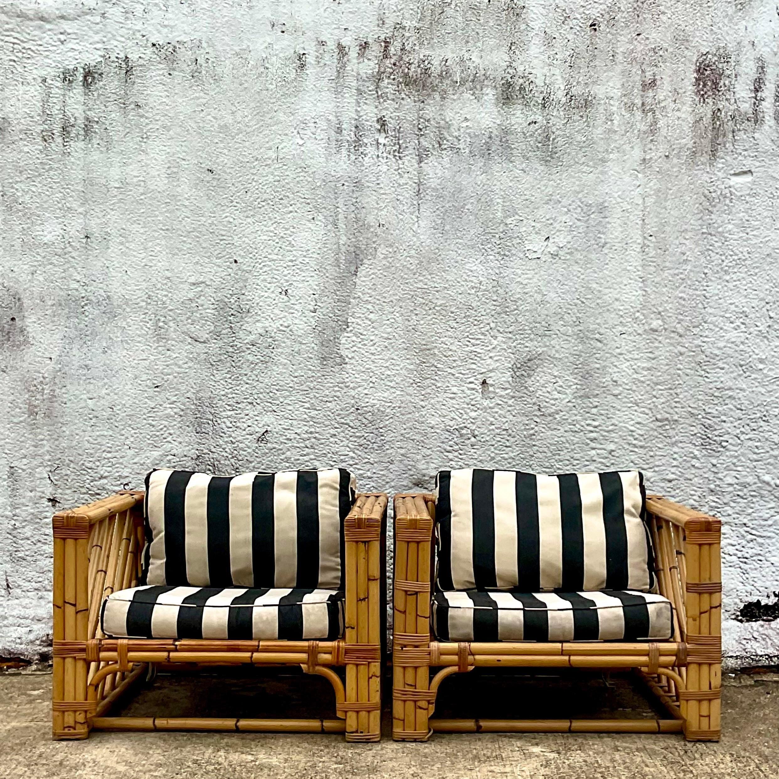 Philippine Vintage Coastal Chevron Bamboo Lounge Chairs - a Pair For Sale