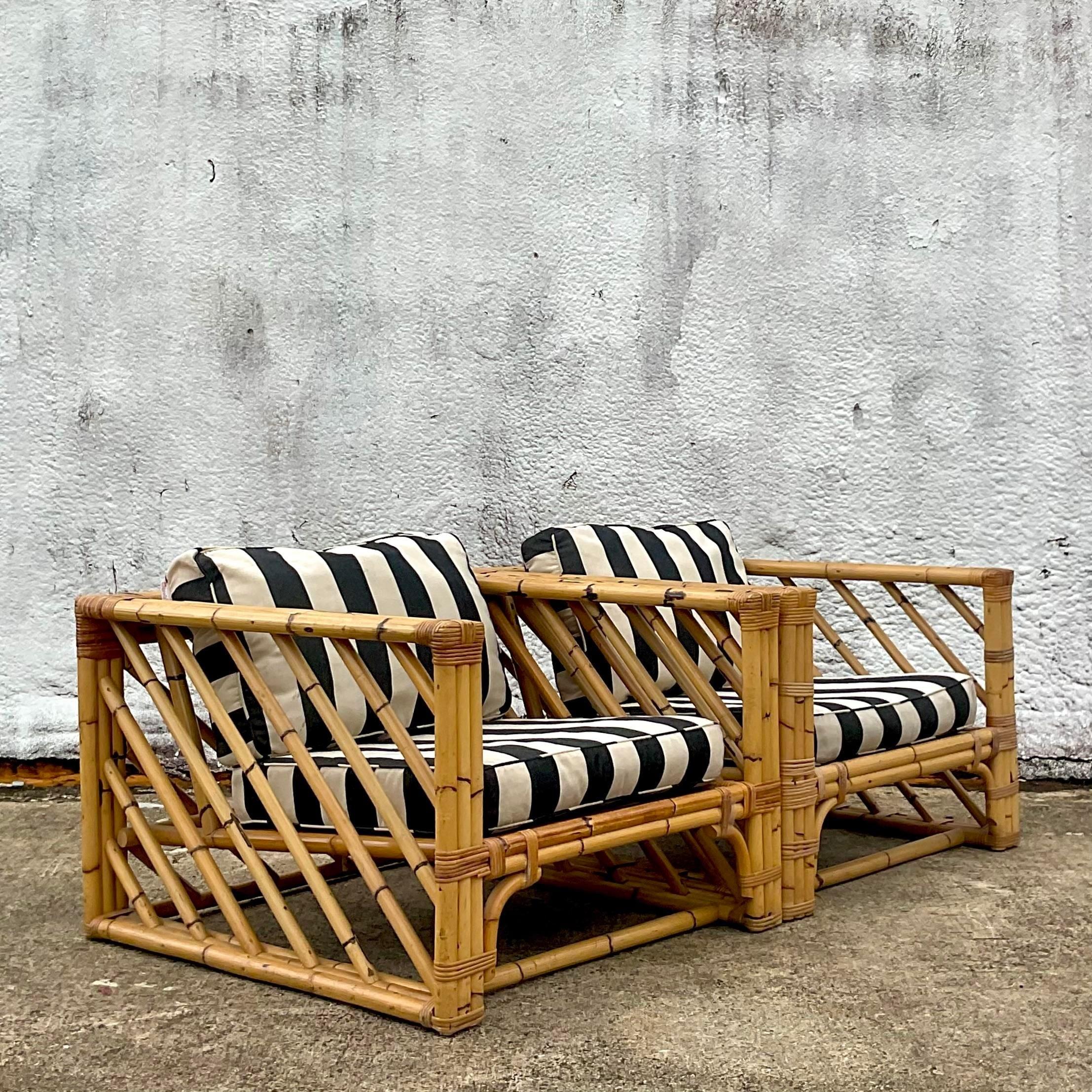 Vintage Coastal Chevron Bamboo Lounge Chairs - a Pair In Good Condition For Sale In west palm beach, FL