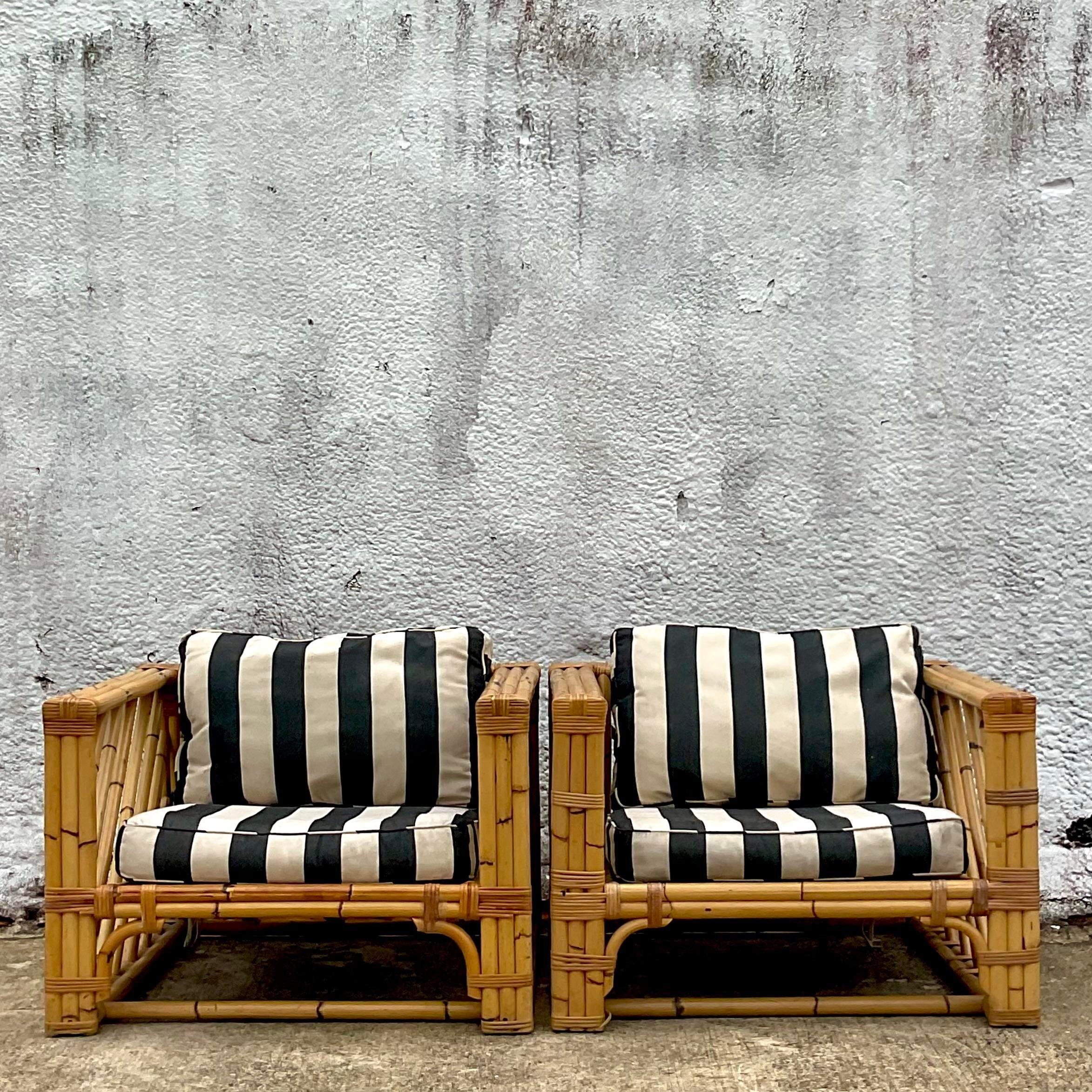 20th Century Vintage Coastal Chevron Bamboo Lounge Chairs - a Pair For Sale