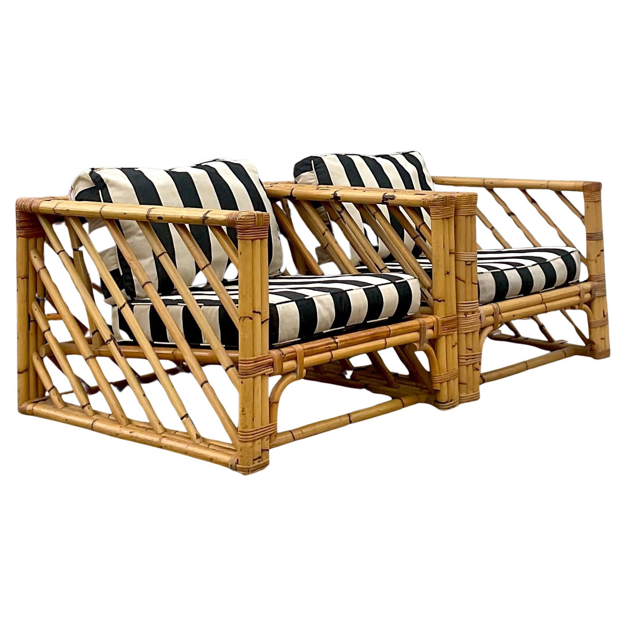 Vintage Coastal Chevron Bamboo Lounge Chairs - a Pair For Sale