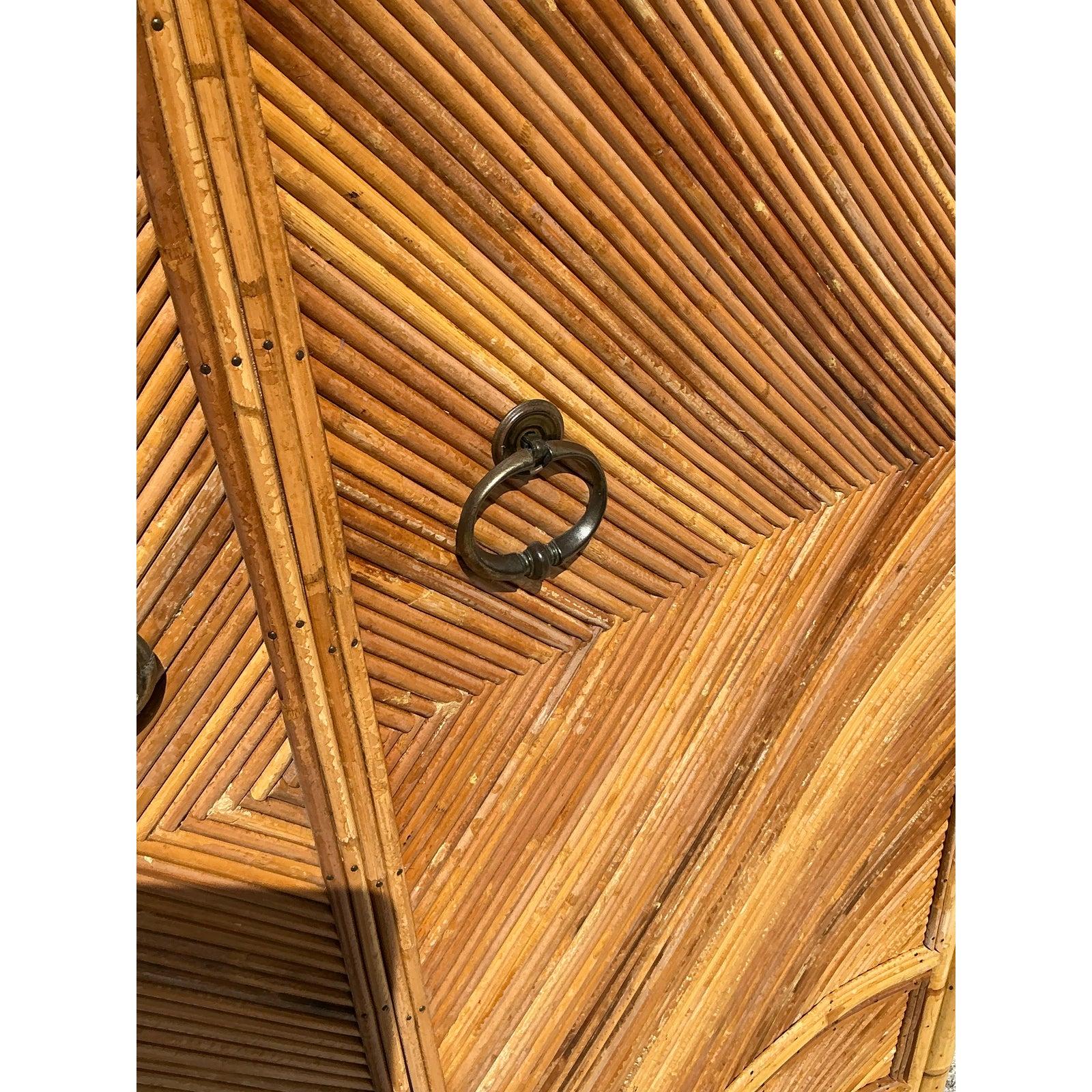 Vintage Coastal Chevron Pencil Reed Armoire For Sale 4