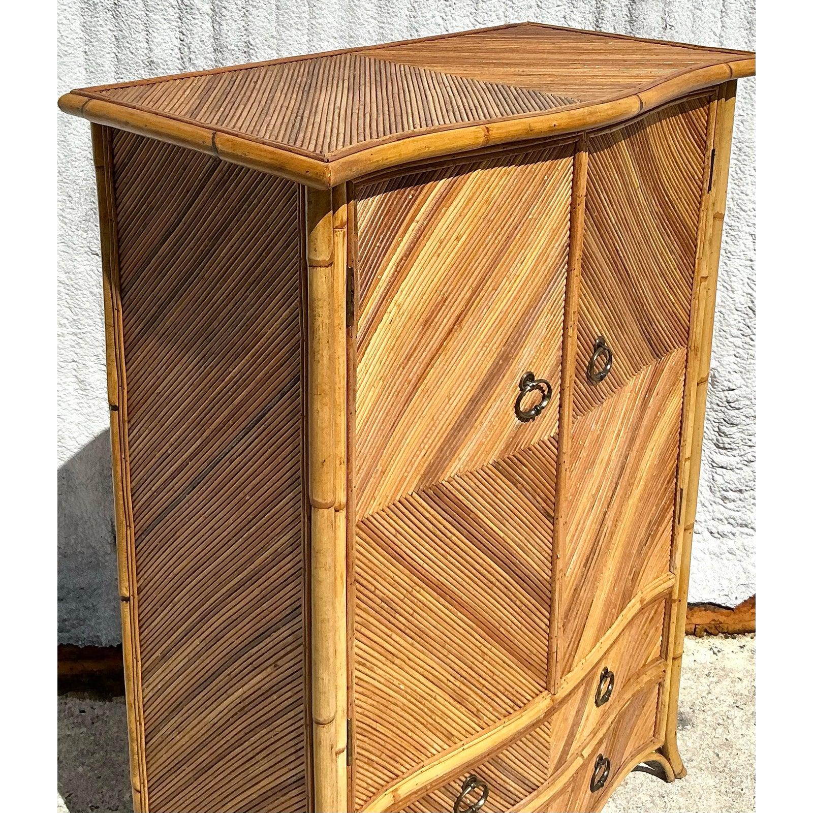 Vintage Coastal Chevron Pencil Reed Armoire For Sale 5