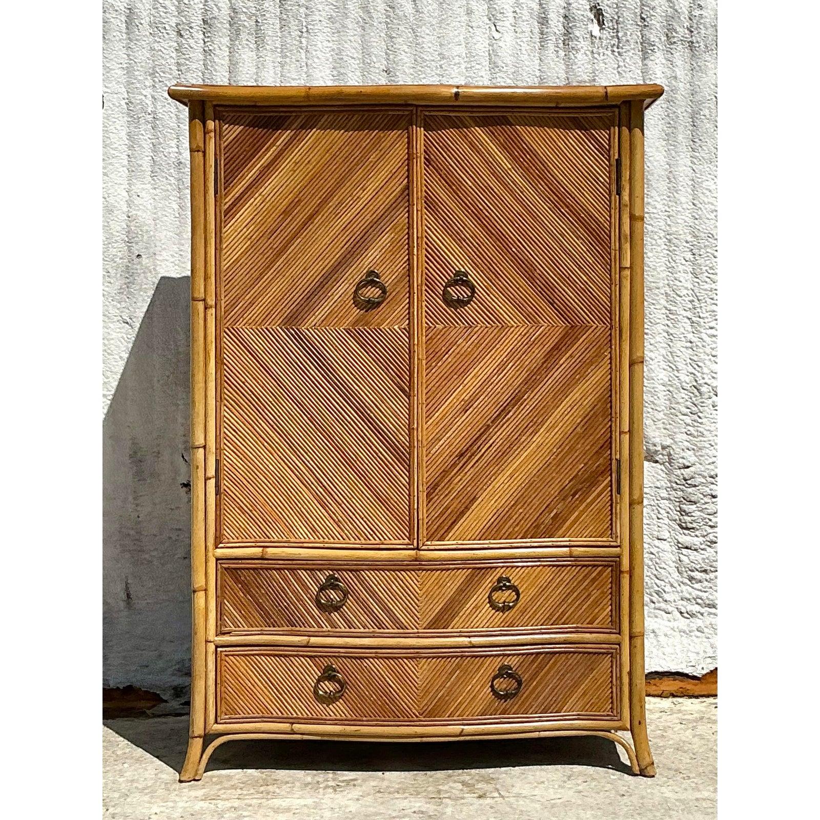 Vintage Coastal Chevron Pencil Reed Armoire For Sale 6
