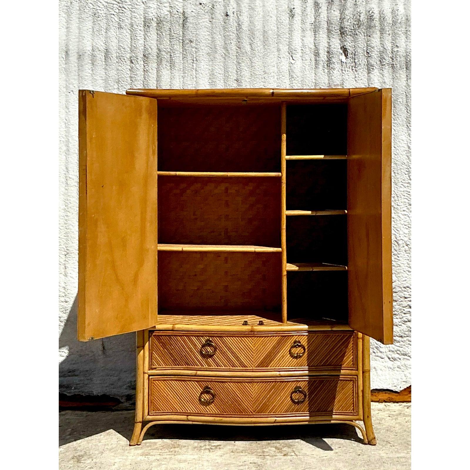 Philippine Vintage Coastal Chevron Pencil Reed Armoire For Sale