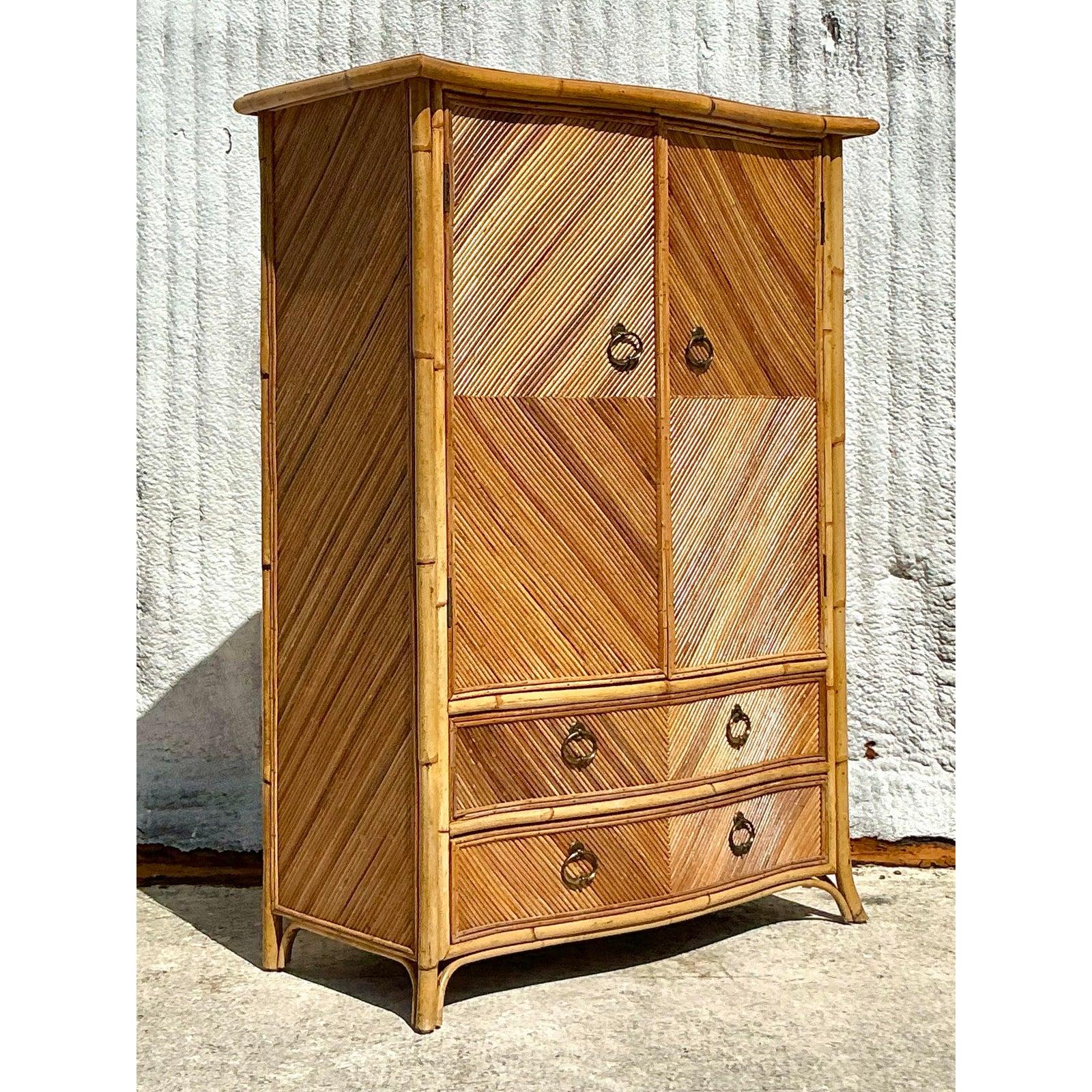 Vintage Coastal Chevron Pencil Reed Armoire In Good Condition For Sale In west palm beach, FL
