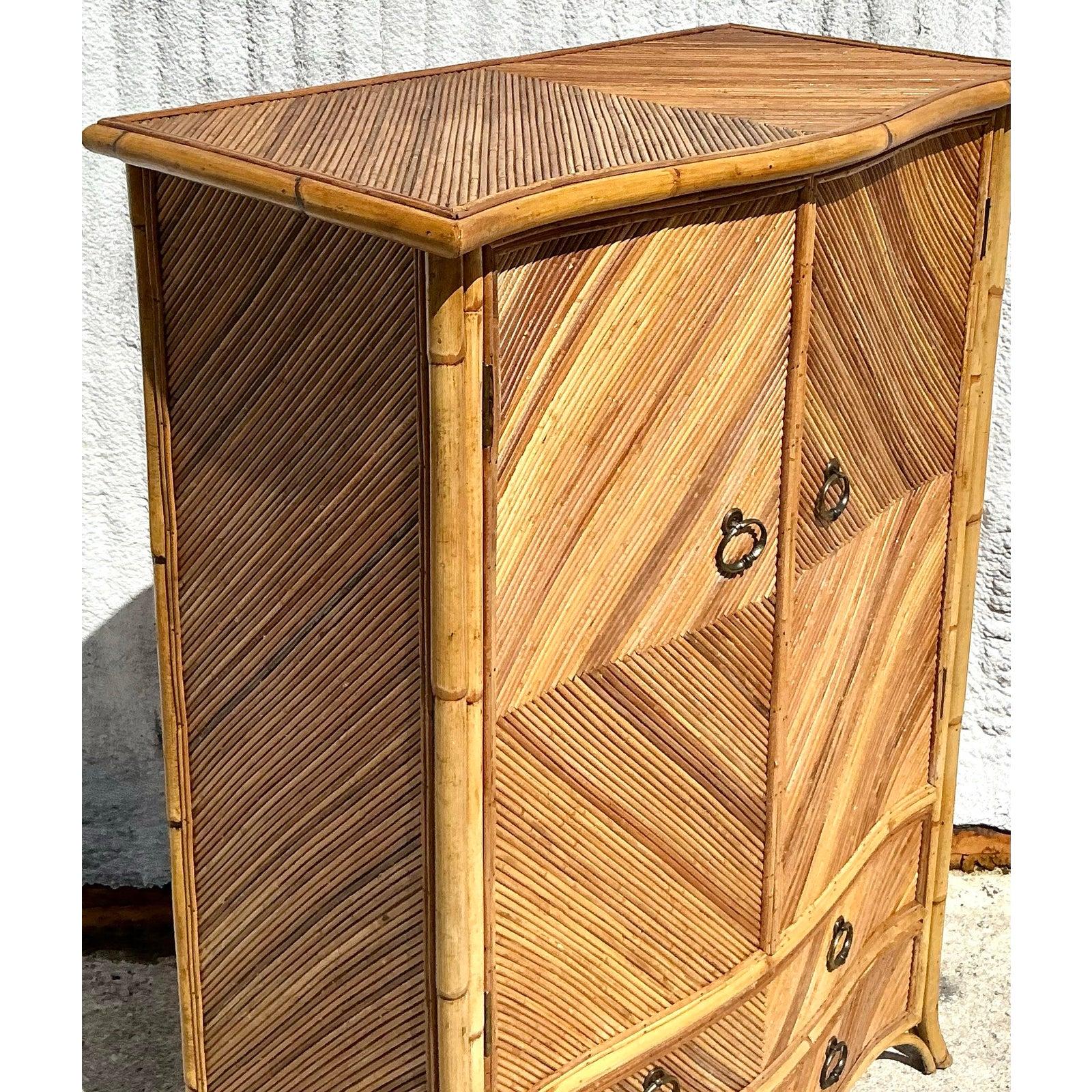 20th Century Vintage Coastal Chevron Pencil Reed Armoire For Sale