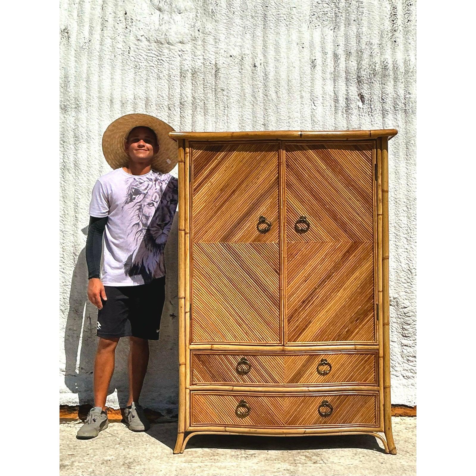 Bamboo Vintage Coastal Chevron Pencil Reed Armoire For Sale