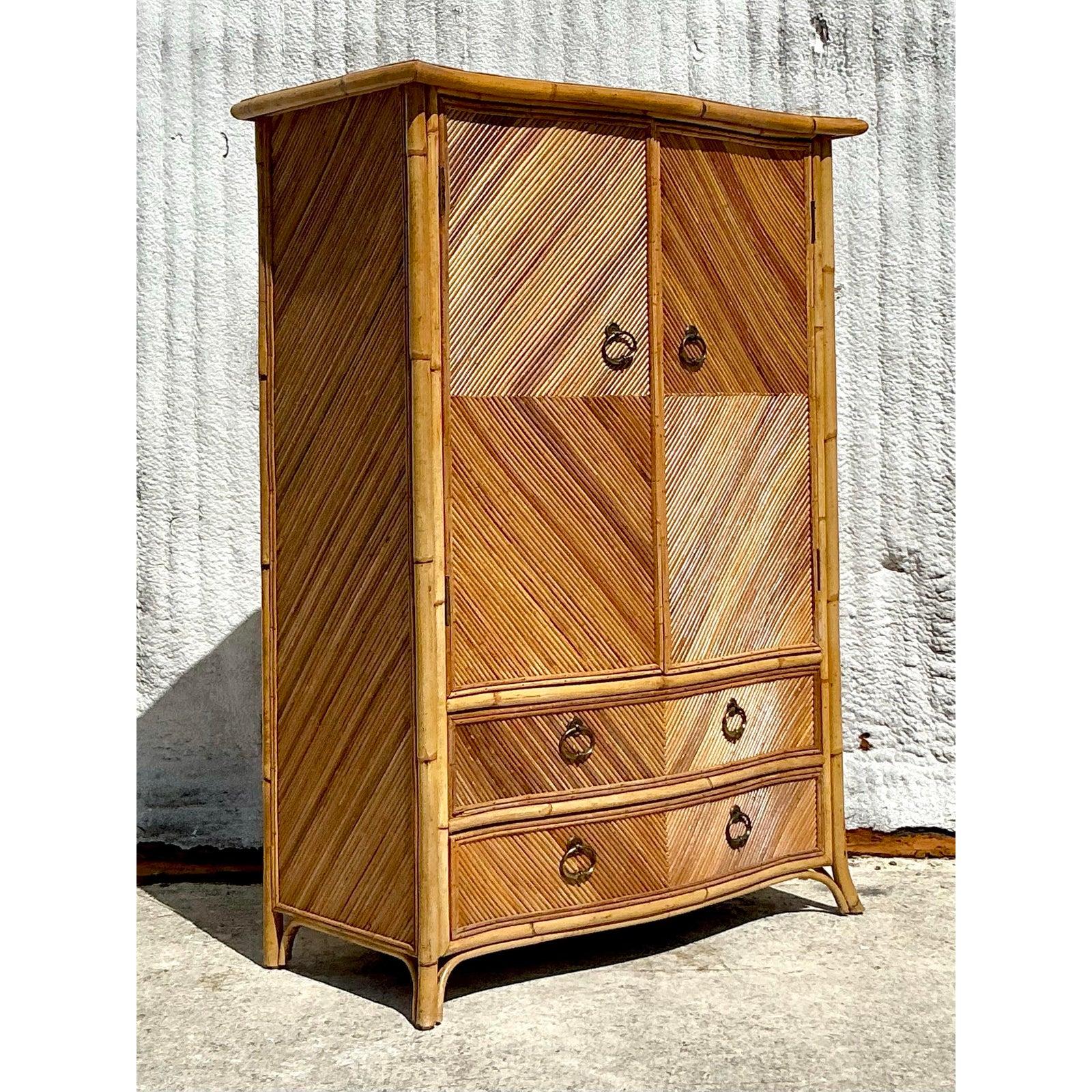 Vintage Coastal Chevron Pencil Reed Armoire For Sale 1