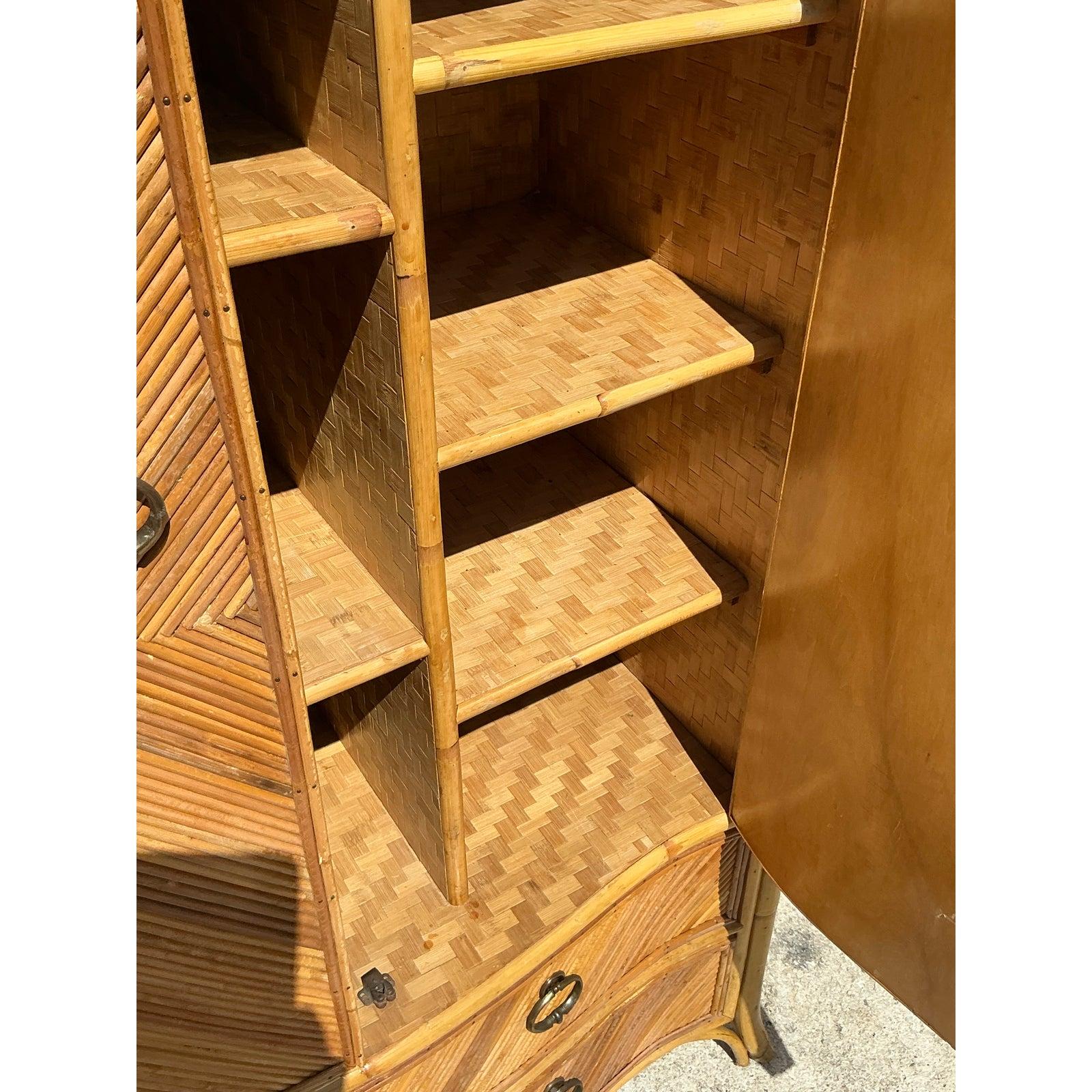 Vintage Coastal Chevron Pencil Reed Armoire For Sale 2