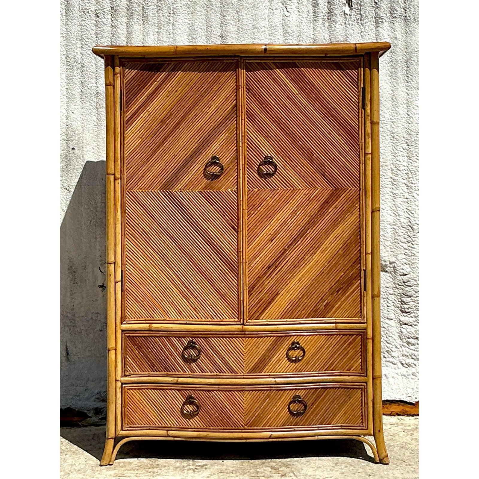 Vintage Coastal Chevron Pencil Reed Armoire For Sale 3