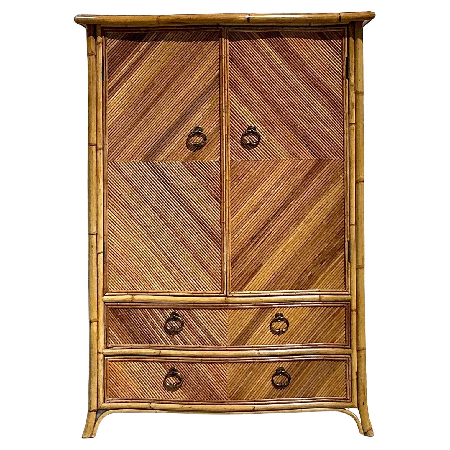 Vintage Coastal Chevron Pencil Reed Armoire