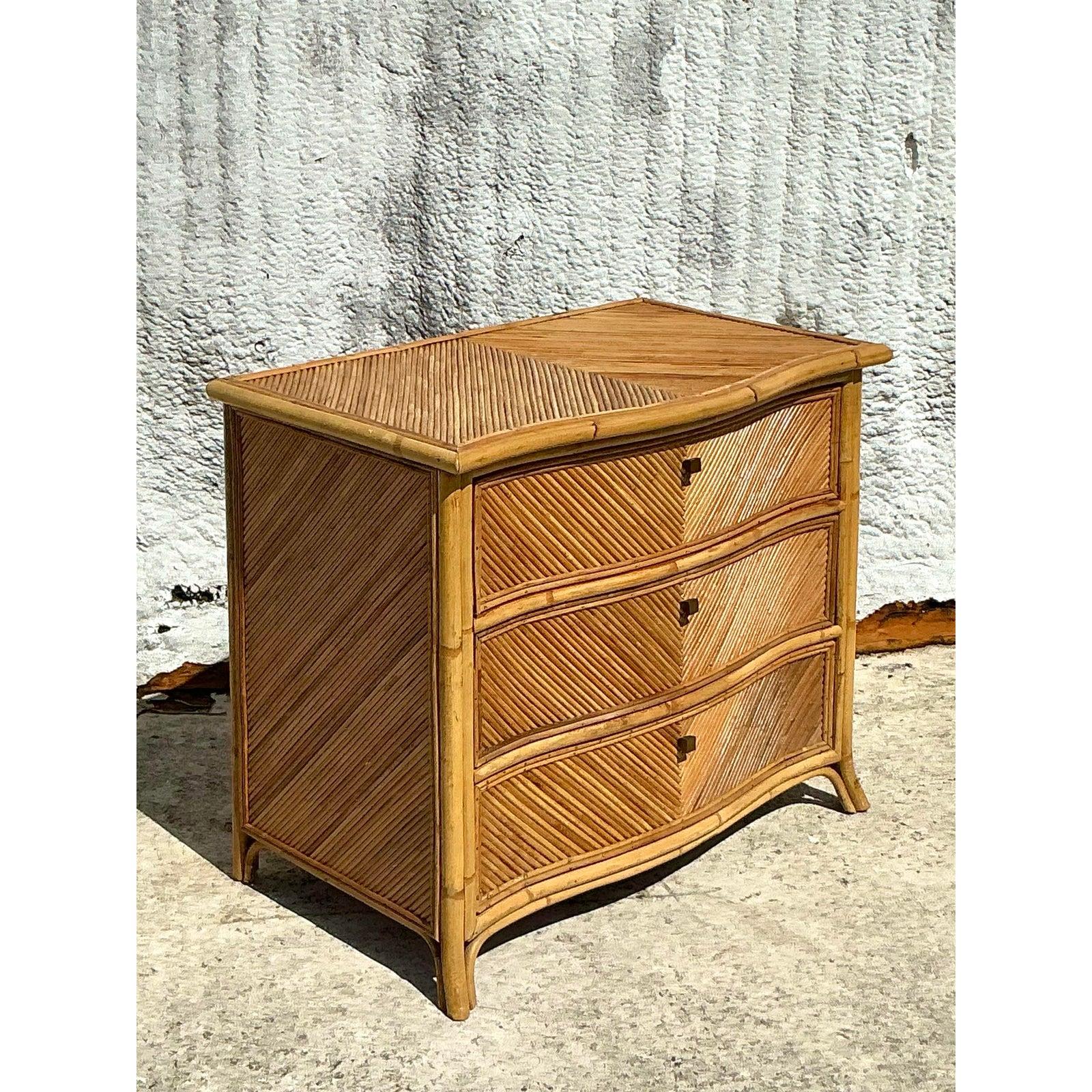 Mid-Century Modern Vintage Coastal Chevron Pencil Reed Chest of Drawers