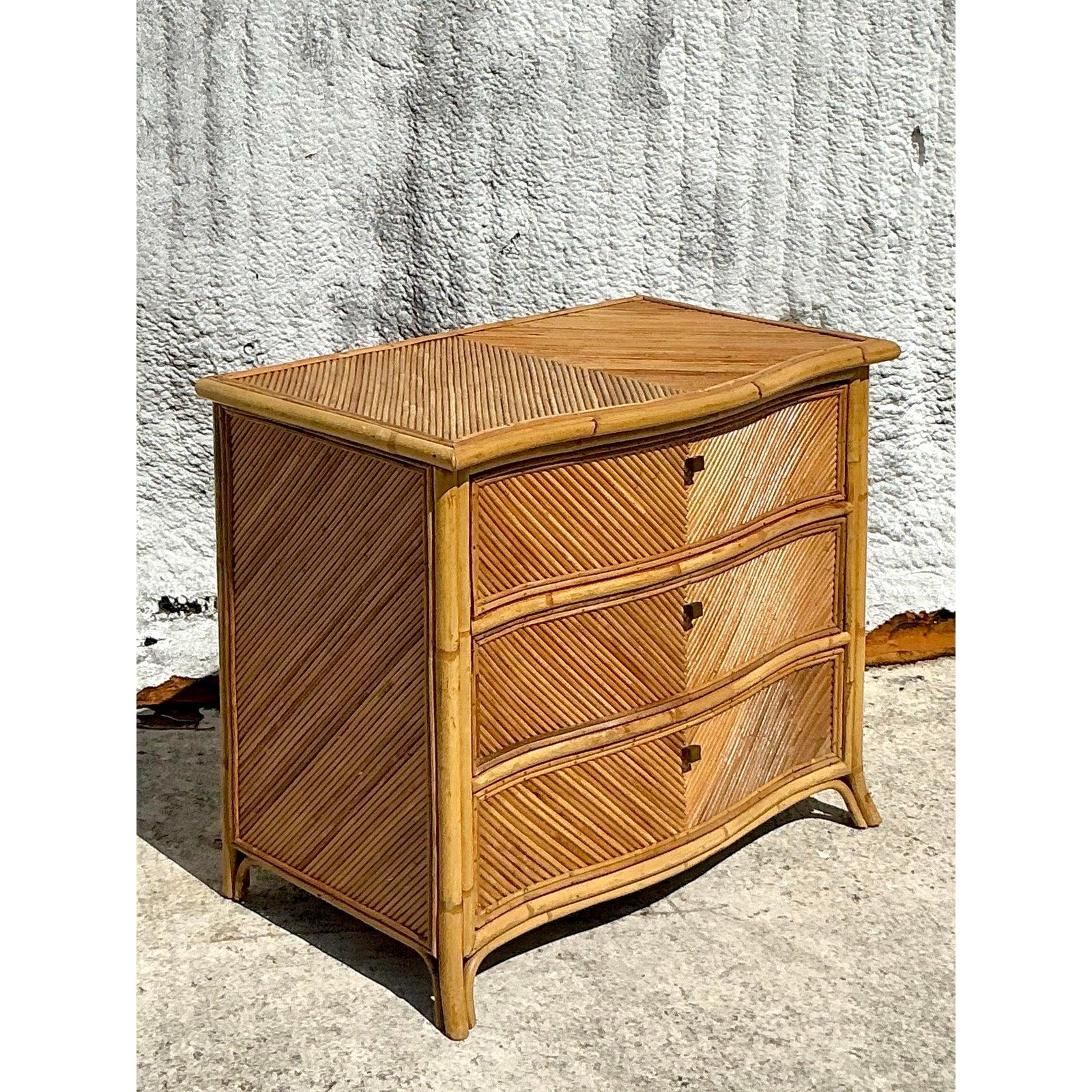 20th Century Vintage Coastal Chevron Pencil Reed Chest of Drawers