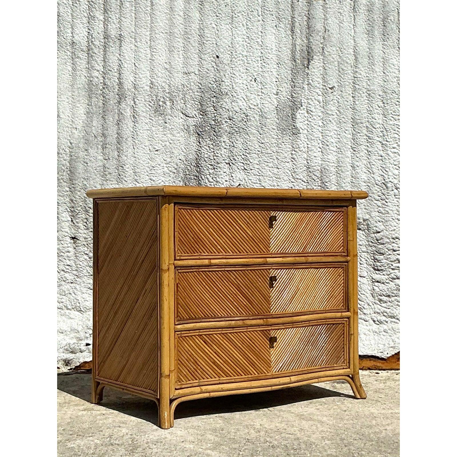 Bamboo Vintage Coastal Chevron Pencil Reed Chest of Drawers