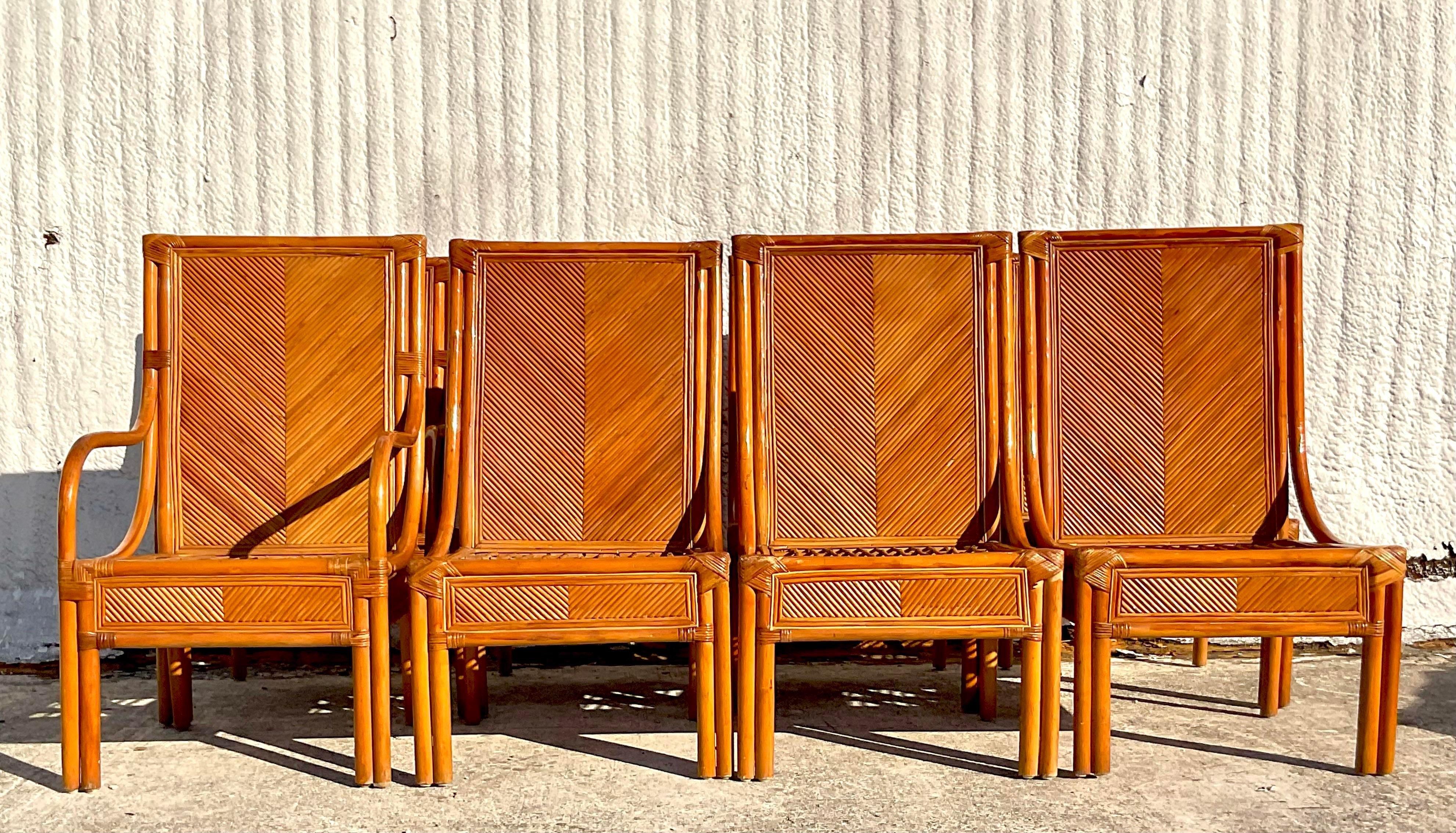 Vintage Coastal Chevron Pencil Reed Dining Chairs - Set of 8 In Good Condition In west palm beach, FL