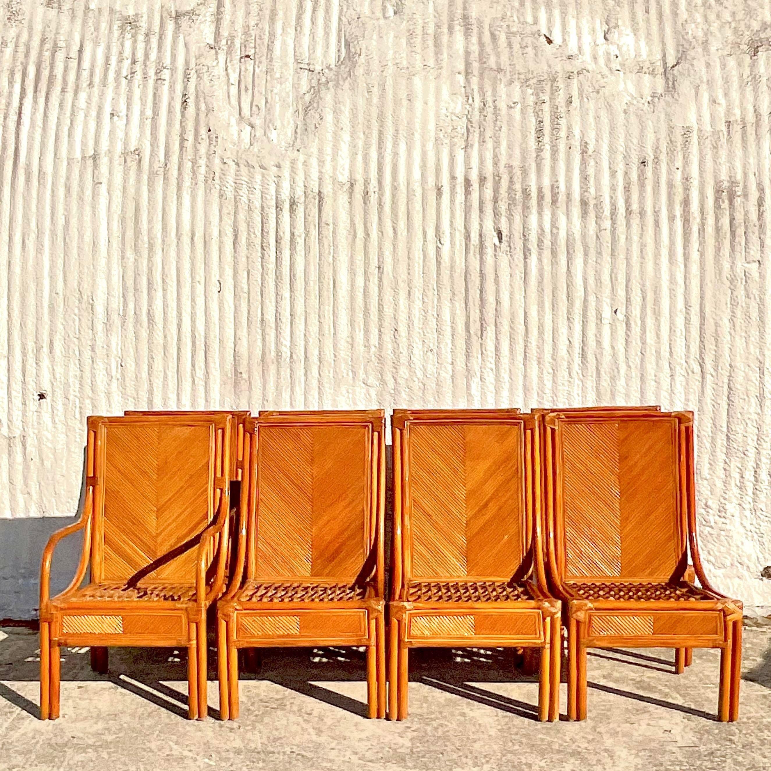 Vintage Coastal Chevron Pencil Reed Dining Chairs - Set of 8 1