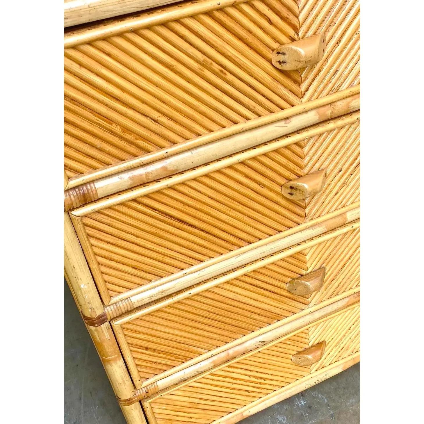 Vintage coastal 8 drawer dresser. A gorgeous pencil reed in a Chevron design. Acquired from a Palm Beach estate.