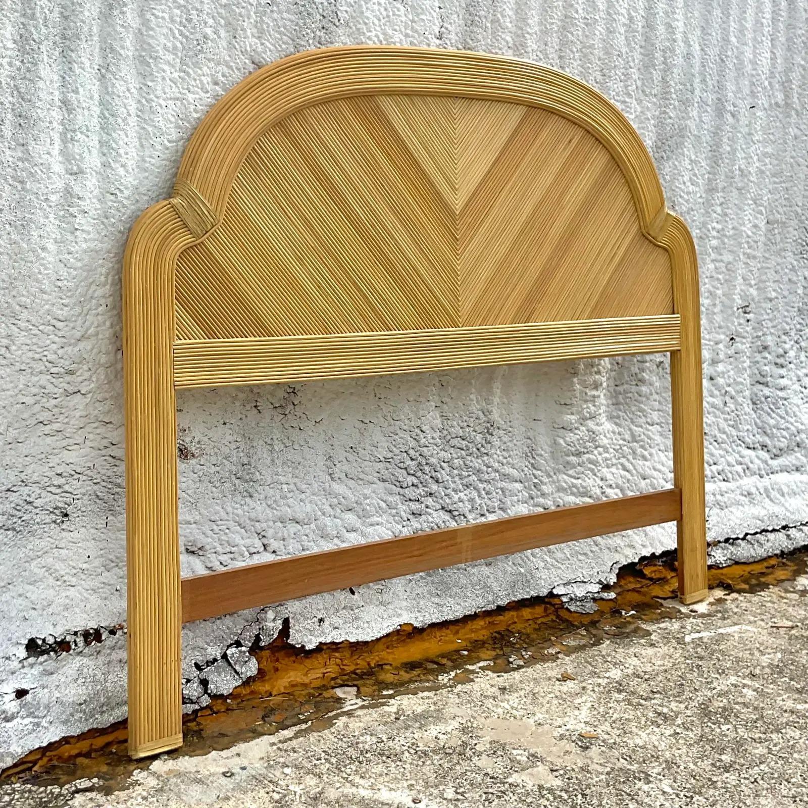 A fabulous vintage Coastal Full size headboard. Chic Chevron pencil reed in an arched design. Acquired from a Palm Beach estate.