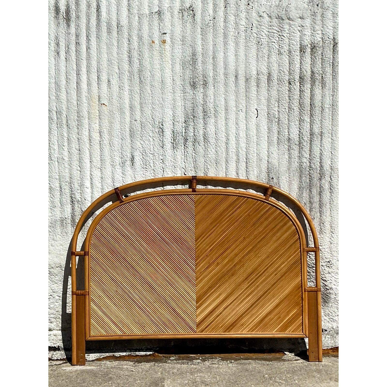 Philippine Vintage Coastal Chevron Pencil Reed Queen Headboard For Sale